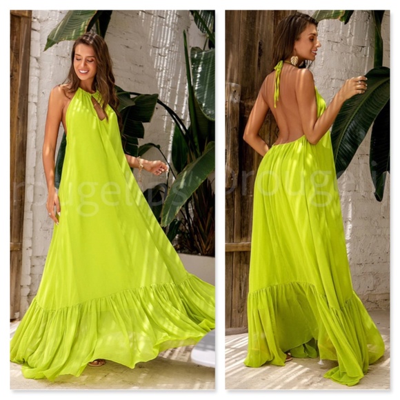 Rouge! Dresses & Skirts - Lime Green Flowy Halter Cutout Maxi Flared Dress Backless Open Back